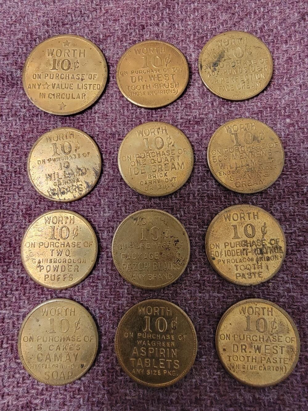 1932 Walgreen prosperity token lot 12 of 14 Milwaukee Depression Era brass set